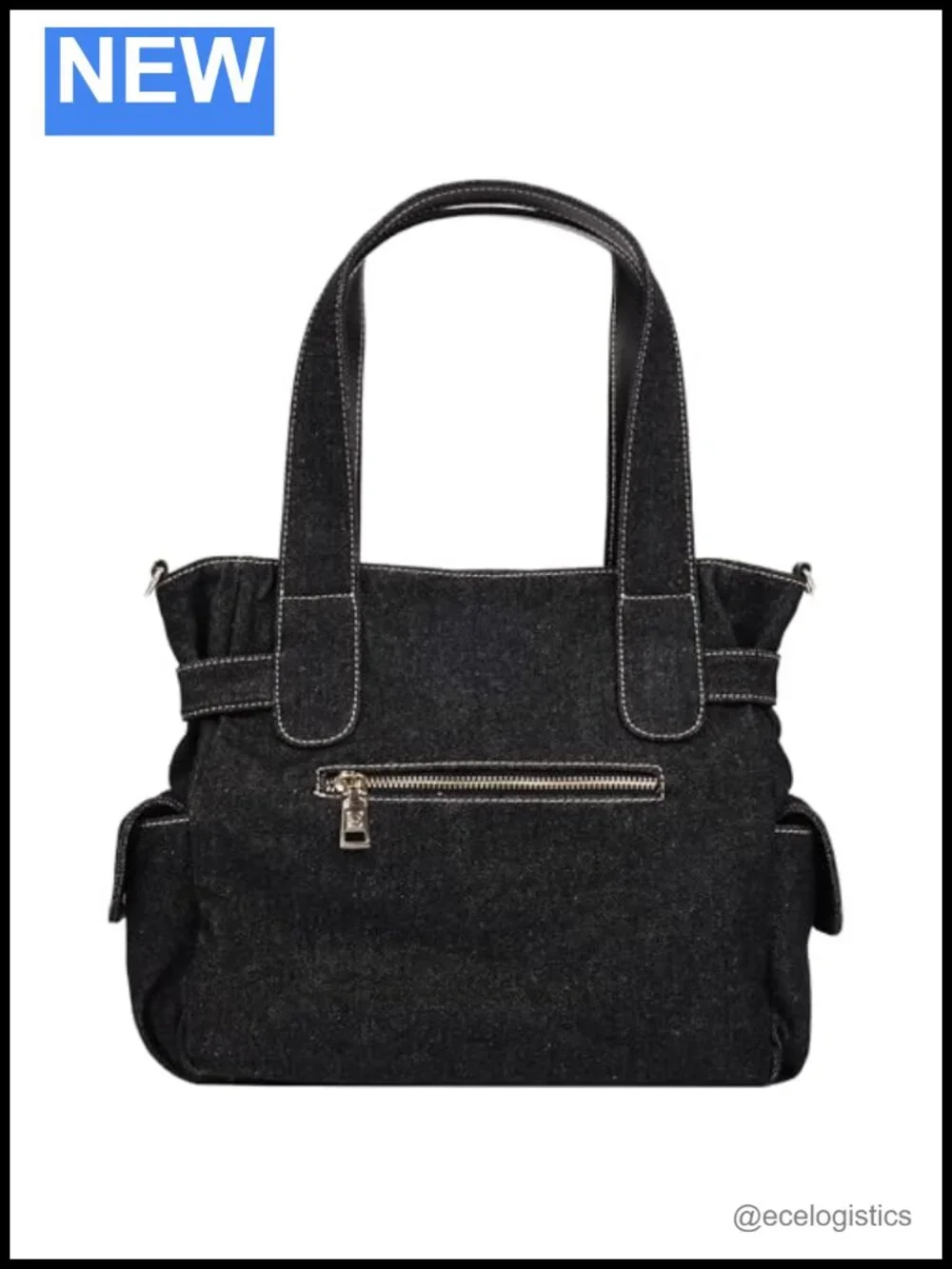 True Religion Multi Pocket Denim Cinch Tote - Cotton-Poly Structured Denim,